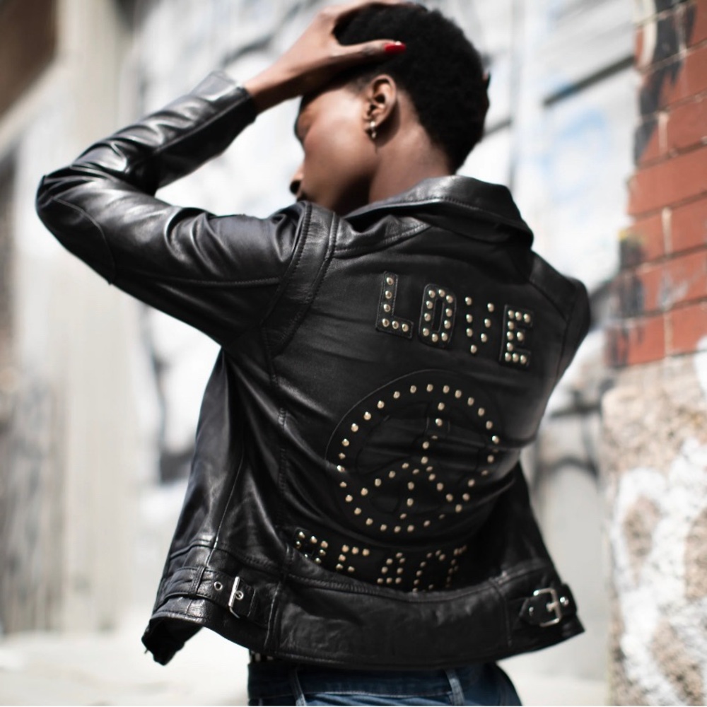 Mauritius Love Peace Gold Studded Leather Jacket